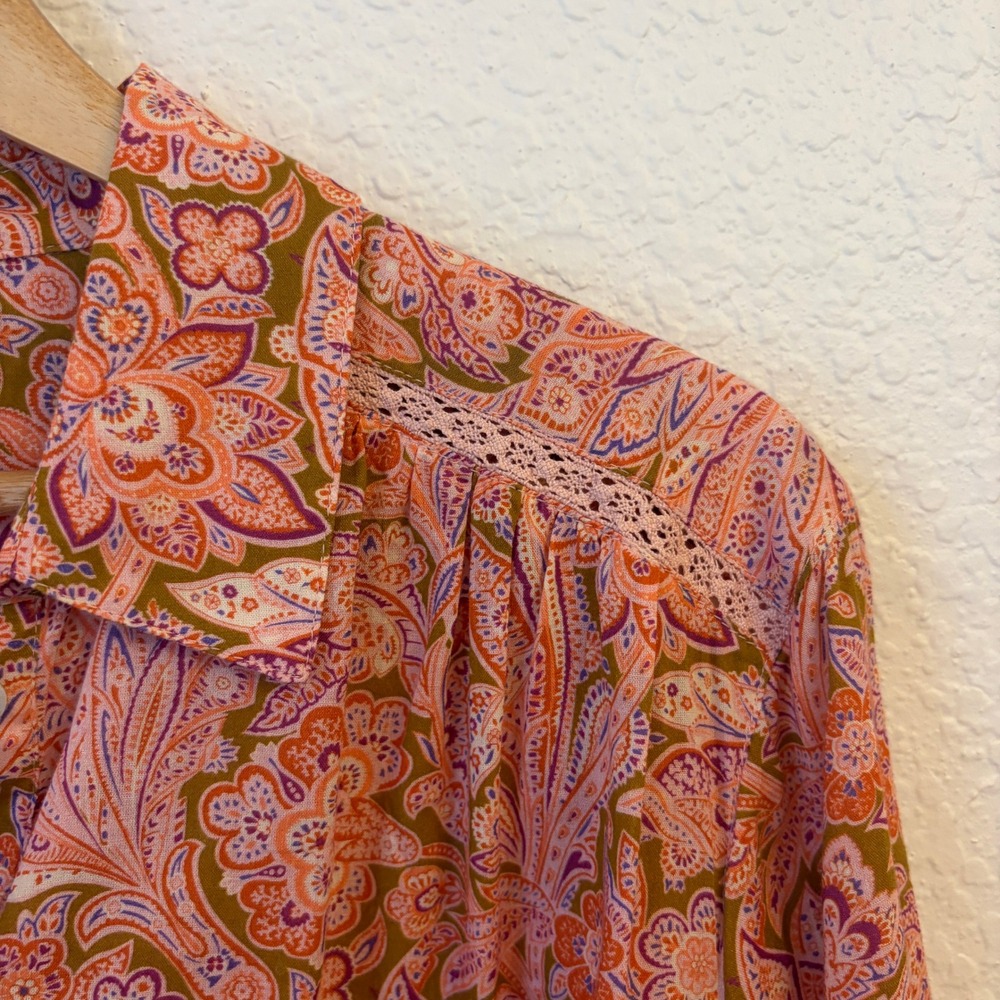 Sundance Popover Top Blouse M Cotton Lawn Paisley Floral Lace Trim Boho Summer - Picture 5 of 11